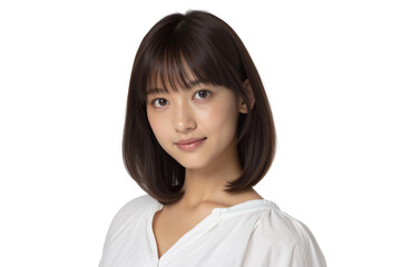 Close-up young Asian woman with a short bob haircut, wearing a white shirt, smiling gently at the camera