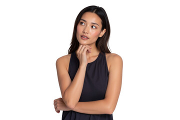 Pensive young Asian woman with hand on chin, looking away thoughtfully to finding solution and idea