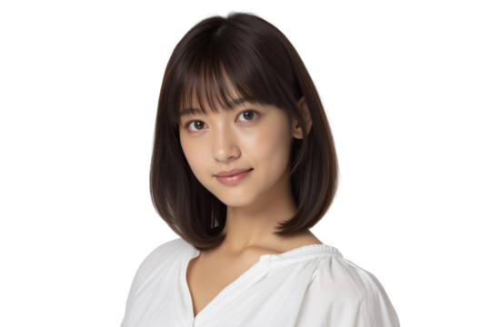Close-up young Asian woman with a short bob haircut, wearing a white shirt, smiling gently at the camera - Powered by Adobe