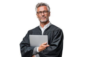 Confident senior judge or lawyer in a black robe and glasses, holding a laptop 