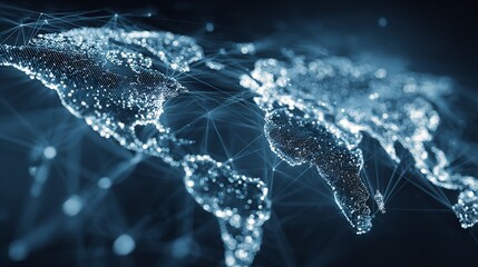 Global Digital Network Visualization: Conceptual Earth Map with Data Connections and Light Points Forming Continents