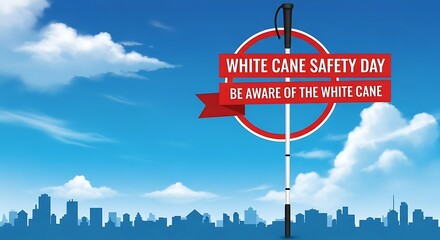 White cane safety day illustration with city skyline and blue sky background
