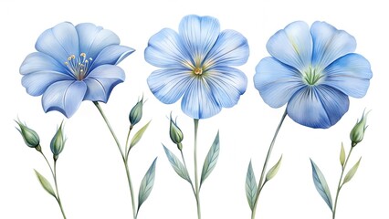Photo of beautiful watercolor illustration of three light blue flax flowers with green buds and stems, isolated on white background