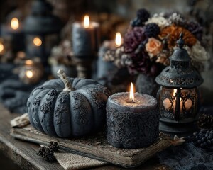 Halloween decoration scene with painted pumpkins, candles, and festive items