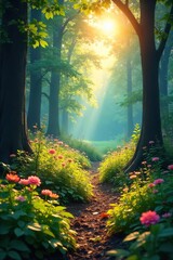 Serene nature scene depicting a sunlit forest clearing with vibrant flora, conveying a sense of tranquility and natural healing energy ,  ecosystem,  forest,  leaves