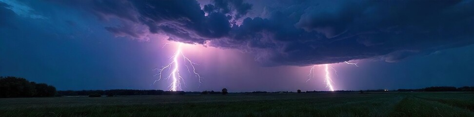 Dramatic thunderstorm with powerful lightning bolt striking the ground, illuminating the dark landscape Intense weather, nature's fury , fantastic, meteorological