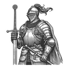 Obraz premium medieval knight in full plate armor with flowing plume, holding a large sword, symbolizing honor and strength sketch engraving generative ai vector illustration. Scratch board. Black and white image.