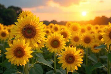 Golden hour sunlight bathes a vibrant field of ripening sunflowers, buzzing with bees, a quintessential summer harvest scene , yellow, flower, honey bees