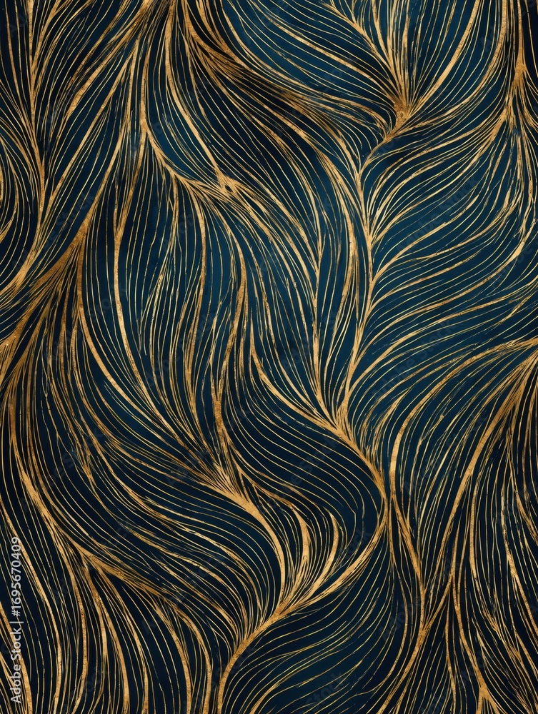 Poster abstract leaf pattern in gold and dark blue with elegant swirling lines against a deep background