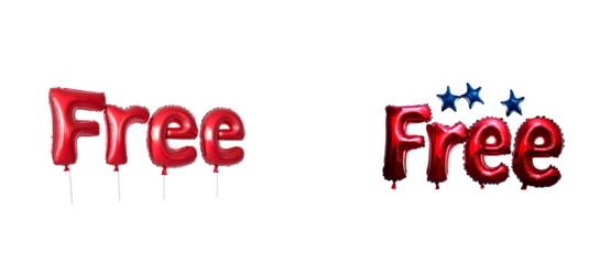 Red foil balloons spelling FREE with blue stars on a transparent background, cut out