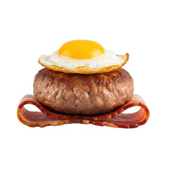 Perfectly seared breakfast sausage patty with a runny golden quail egg and crispy bacon, isolated on a transparent studio background with soft lighting, concept of gourmet breakfast