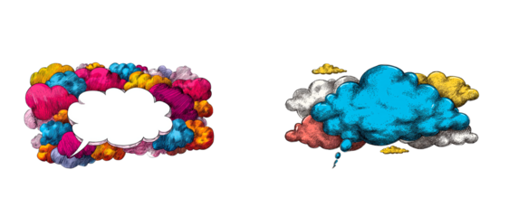 Thought bubble speech cloud with vibrant colorful abstract cloud shapes, cut out