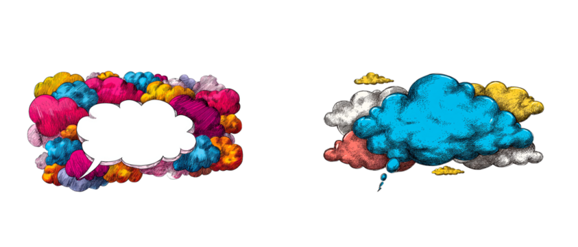 Thought bubble speech cloud with vibrant colorful abstract cloud shapes, cut out