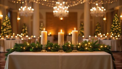 Elegant holiday dining setup with candles and decorated Christmas trees, creating a warm, festive atmosphere.
