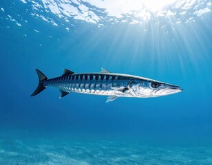 Naklejka premium Majestic barracuda fish swimming in crystal clear blue ocean water with sunlight rays penetrating from surface above