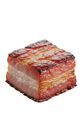 Focus on thick-cut bacon with glistening fat and crispy meat, blurred fried egg and sausage in background, on transparent. Delicious food concept