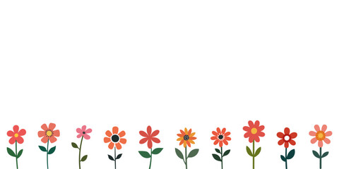 Cute bright flowers in a row on a bottom of white background. Flat style, minimal and playful design. Perfect for kids, nursery decor, greeting cards, and floral-themed projects.