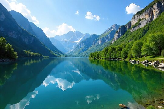 Serene mountain lake reflecting a clear blue sky, surrounded by lush green trees and rocky cliffs  Ideal for travel brochures, tourism websites, and nature documentaries ,  poster,  panorama