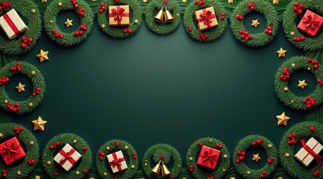 Circular christmas wreaths made of green pine branches adorned with red berries, gift boxes, and golden bells, creating a festive border on a dark green background
