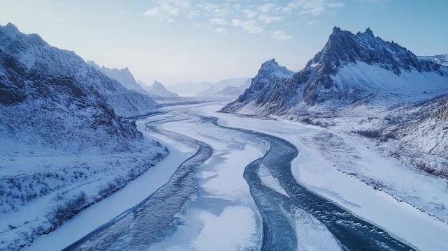 Aerial view of a winding river through snowy mountains (1)
