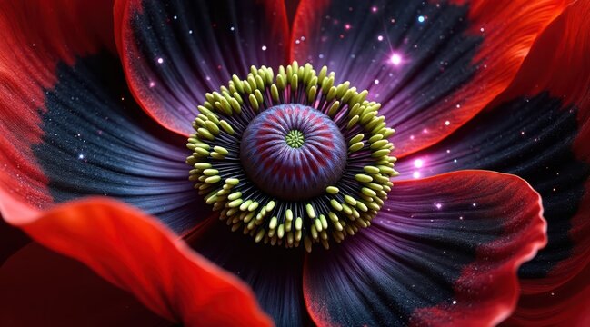 Extreme closeup of a vibrant red poppy flower center with black and purple petals