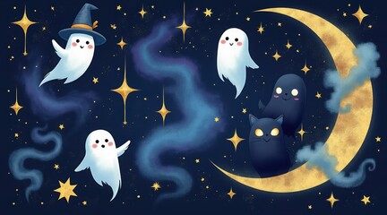 Cute ghosts and black cat floating in a starry night sky with a crescent moon and swirling nebula