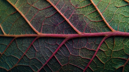 Close-up view of a leaf's intricate vein structure, showcasing natural patterns and vibrant colors of green and red.