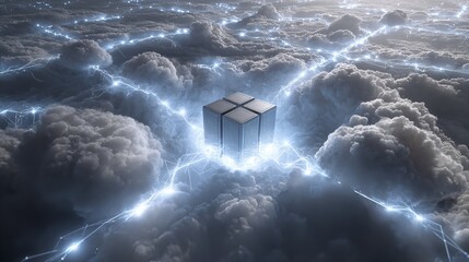 High-Tech Cloud Server Surrounded by Lightning: A Futuristic Digital Landscape Concept Visualization