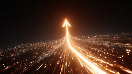 Golden Light Streams Ascending to Arrow Point, Symbolizing Success and Innovation on Dark Backdrop
