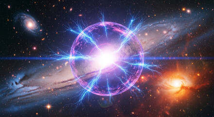 Fototapeta premium Mystical energy ball amidst distant galaxies and stars creates a vibrant cosmic spectacle