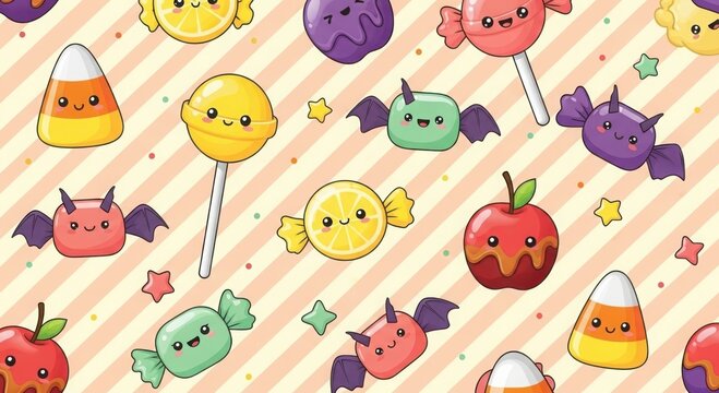 A vibrant and cheerful seamless pattern of cute kawaii halloween candies, lollipops, and fruits on a striped background - Powered by Adobe