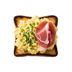 A gourmet open-faced breakfast sandwich with golden brioche, fluffy scrambled eggs, vibrant chives, and delicate prosciutto on a transparent background, soft studio lighting, appetizing food concept