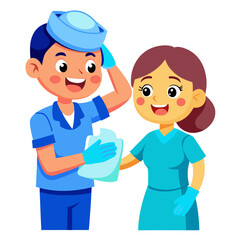 Obraz premium Two cheerful nurses are standing together, one is holding a clipboard