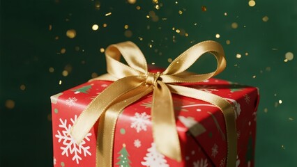 Obraz premium A beautifully wrapped Christmas gift with snowflake and Christmas tree patterns on the red wrapping paper, matched with a golden ribbon bow, is full of festive atmosphere. 