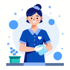 Cartoon cleaning lady with cleaning gloves, providing hygiene and sanitation services with a smile