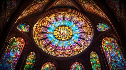 Obraz premium Radiant Rose Window: A Captivating Gothic Stained Glass Masterpiece