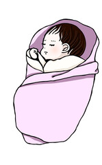 ピンク色のおくるみに包まれた眠っている赤ちゃんのイラスト