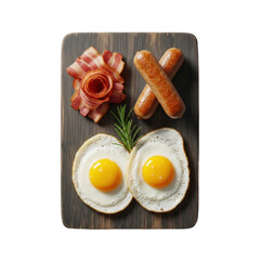 Two sunny-side up fried eggs, crispy bacon, sausage links, and rosemary sprig on a dark rustic wooden board against a transparent background, gourmet breakfast concept