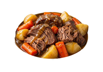 A hearty slow-cooked pot roast with tender braised beef, vibrant carrots, creamy potatoes, and thick herbal gravy in a rustic ceramic bowl, isolated on transparent. Concept of comforting home-cooked