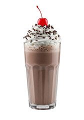 A tempting dark chocolate milkshake in a tall ribbed diner glass, topped with fluffy whipped cream, glistening sprinkles, and a red cherry, isolated on transparent, delicious food concept