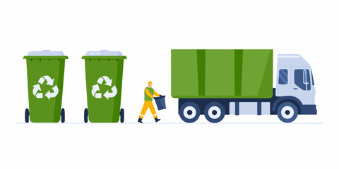 Sanitation worker collects trash from recycling bins next to a garbage truck on a white background