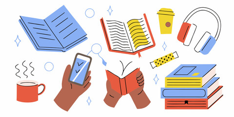 Collection of reading and learning elements including books headphones coffee and phone with checklist