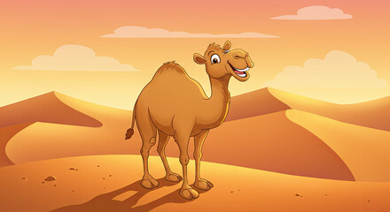 Smiling Tan Cartoon Camel Standing in Sandy Desert Landscape Illustration
