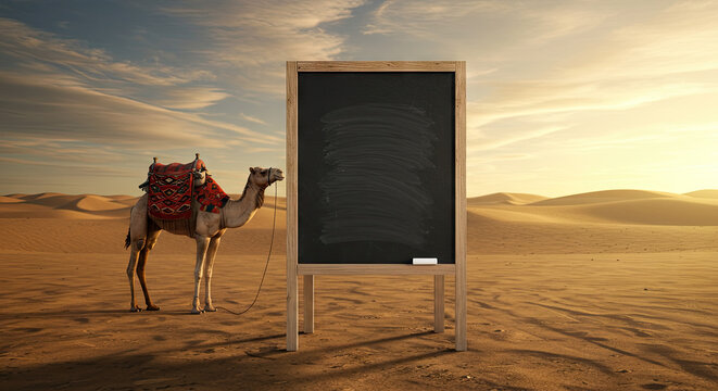 Camel with Ornate Saddle Standing Near Blank Chalkboard in Arid Desert