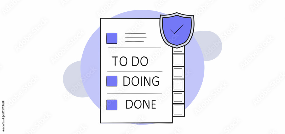 Poster illustration of a checklist with a shield, representing task management and security. periwinkle blu