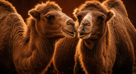 Fototapeta premium Two Brown Camels Eating Plant Close-Up in Desert Environment
