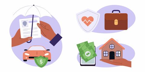 Collection of insurance concepts represented by icons including car health home and financial protection