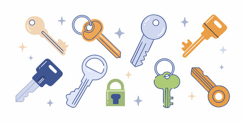 Collection of colorful flat design keys and a padlock with sparkling stars on a white background