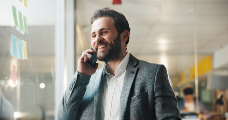 Phone call, glass wall and businessman in office with communication, finance deal or connection....
