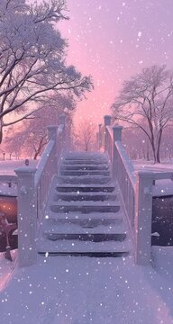 Winter wonderland bridge in soft pastel hues